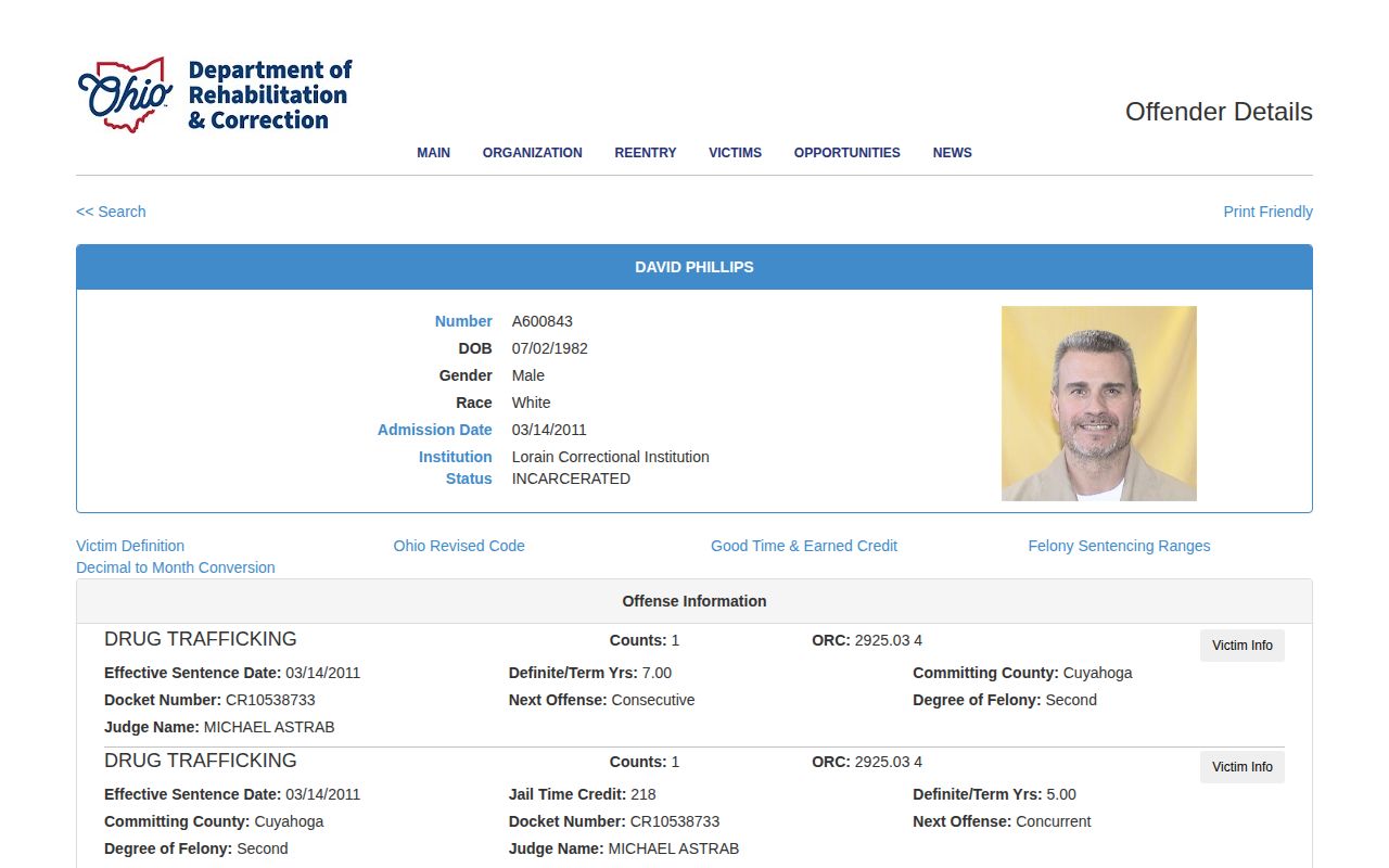 ODRC public photo and release fields for Harrison County offender searches