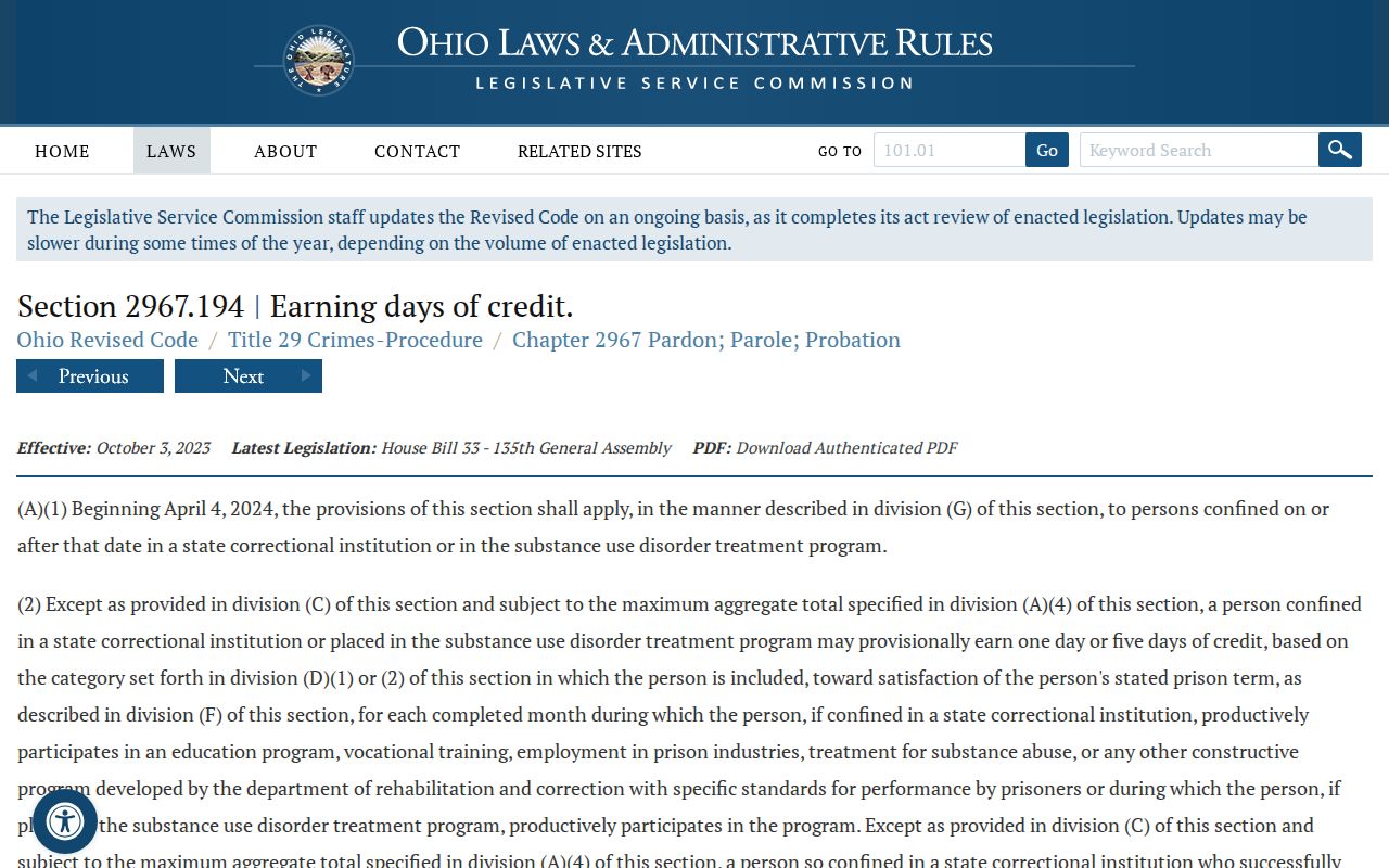 Ohio earned-credit law affecting Harrison County projected release dates